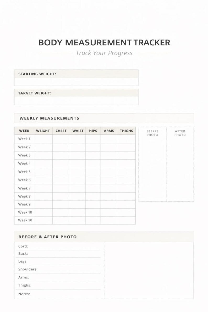 Body Measurement Tracker Printable Pdf–weight Loss Progress Sheet ...