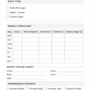 May include: A white workout split planner with the text "WORKOUT SPLIT PLANNER" and "Plan With Intention". The planner includes sections for split type, weekly structure, and progression strategy. It also has a section for weekly volume targets.