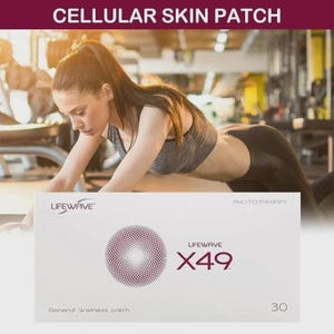 May include: A white box with the text "CELLULAR SKIN PATCH" at the top. The box has the brand name "LIFEWAVE" and the product name "X49". The box also says "General Wellness patch" and "30". A woman is in the background.