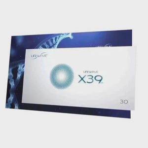May include: A white box with the text "LIFEWAVE X39" and a teal circular design. The number "30" is in the lower right corner. The box is on top of a blue background with a DNA strand design.