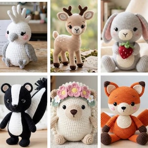 May include: A collection of six handmade crochet animal toys. The toys include a white and gray bird, a tan deer, a gray bunny holding a strawberry, a black and white skunk, a cream-colored hedgehog with a flower crown, and an orange fox.