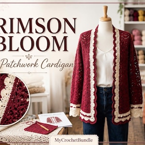 May include: A burgundy lace patchwork cardigan with cream-colored trim is displayed on a mannequin. The cardigan is open-fronted and has a scalloped edge. The text "CRIMSON BLOOM" and "Lace Patchwork Cardigan" are visible.