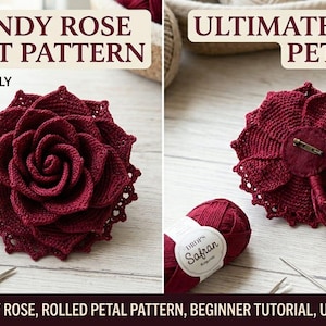 Könnte beinhalten: Zwei Bilder zeigen burgunderfarbene Häkelrosenmuster. Eines zeigt eine komplette Rose mit einem Garnknäuel und dem Text "Easy Tutorial". Das andere zeigt eine gerollte Blütenblattrose mit einer Nadel, einem Etikett "Handmade by MyCrochetBundle".