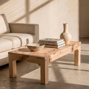 Mesa de centro de lujo sostenible con diseño geométrico patentado en forma de espiga. Hecha con madera 100% reciclada.