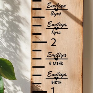 Op de afbeelding: Houten groeimeter met zwarte markeringen en de naam "Emiliya" op verschillende lengtestappen. De meter bevat leeftijdsmarkeringen zoals "2 yrs", "1 yrs", "6 MTHS" en "BIRTH".