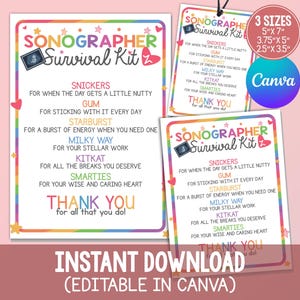 Puede incluir: Un cartel imprimible Sonographer Survival Kit con borde arcoíris, detalles de estrellas y corazones, y texto que enumera dulces como Snickers, Gum, Starburst, Milky Way, KitKat y Smarties con mensajes de agradecimiento en 3 tamaños.