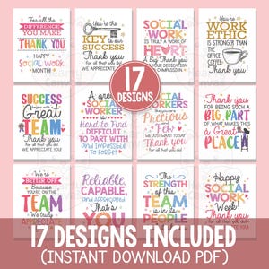 Pode incluir: Uma coleção de 17 cartões coloridos de apreço pelo trabalho social com várias mensagens de gratidão. Os cartões apresentam frases como "Obrigado" e "Feliz Semana do Trabalho Social" em uma variedade de fontes e cores. As palavras "17 Designs Incluídos" também são visíveis.