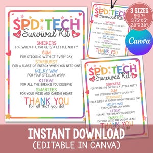 Op de afbeelding: Een printbare SPD Tech Survival Kit kaart met een regenboogrand, kleurrijke tekst en hartjes. De kaart bevat een lijst met snoepjes zoals Snickers, Gum, Starburst, Milky Way, KitKat en Smarties met bijbehorende teksten. Inclusief Canva-logo en afmetingen van 12,7x17,8 cm, 9,5x12,7 cm en 6,4x8,9 cm.