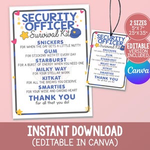 Puede incluir: Un conjunto de letreros y etiquetas imprimibles Security Officer Survival Kit con texto azul, estrellas amarillas y corazones rosas. El diseño enumera dulces como Snickers, Gum, Starburst, Milky Way, KitKat y Smarties con mensajes de agradecimiento. Incluye tamaños de 12,7 cm por 17,8 cm y 6,4 cm por 8,9 cm.