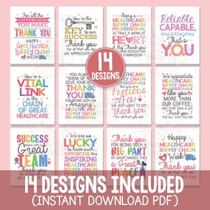 May include: A collection of 14 printable cards featuring colorful typography and graphics celebrating healthcare supply chain professionals. Each card displays unique messages of appreciation, gratitude, and recognition for staff, with a central badge stating 14 DESIGNS.