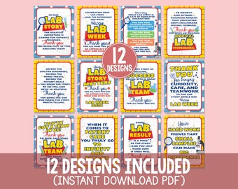 May include: A collection of 12 printable designs with colorful borders and text, including phrases like "Lab Story," "Happy Lab Week," and "Thank You." The designs are intended for lab professionals and are available as an instant download PDF.