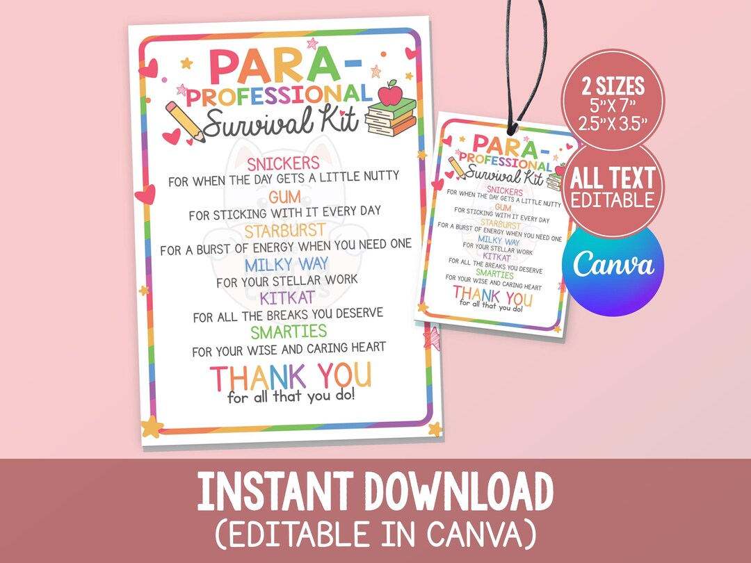 Paraprofessional Survival Kit Gift Tag Printable, Thank You Para ...