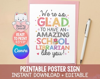 Afdrukbaar bord met waardering schoolbibliothecaris, decoratie dag schoolbibliothecaris