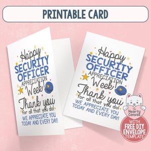 Könnte beinhalten: Eine weiße, gefaltete Grußkarte mit dem Text Happy SECURITY OFFICER APPRECIATION Week Thank you for all that you do! WE APPRECIATE YOU TODAY AND EVERY DAY! verziert mit gelben Sternen, kleinen Herzen und einer blauen Polizeimützen-Grafik.