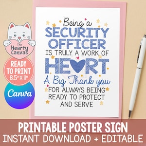 Pode incluir: Um cartaz retangular branco imprimível com texto em azul e preto que diz Being a SECURITY OFFICER IS TRULY A WORK OF HEART A Big Thank you FOR ALWAYS BEING READY TO PROTECT AND SERVE, decorado com pequenas estrelas amarelas.