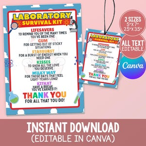 May include: A blue and red Laboratory Survival Kit printable with a list of items and their uses. The kit includes Lifesavers, Gum, Starburst, Kisses, Milky Way, and Kit Kat. The text "Thank You" is prominently displayed. Two sizes are listed: 5"x7" and 2.5"x3.5".