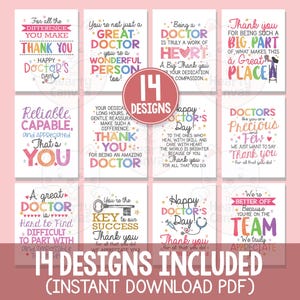 Puede incluir: Una colección de 14 tarjetas imprimibles para el Día del Médico con texto y diseños coloridos. Cada tarjeta presenta un mensaje único de agradecimiento, como "Gracias" y "Feliz Día del Médico". Las tarjetas están disponibles como PDF de descarga instantánea.