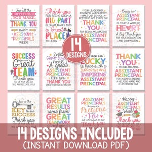 May include: A set of 14 printable Assistant Principal appreciation cards with colourful text and designs. The cards feature phrases like "Thank You" and "Happy Assistant Principals Week."