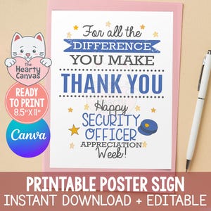 Könnte beinhalten: Ein druckbares Plakat mit rosa Rand, das den Text For all the DIFFERENCE YOU MAKE THANK YOU Happy SECURITY OFFICER APPRECIATION Week! enthält, verziert mit gelben Sternen und einem blauen Polizeimützen-Symbol, in der Größe 21,59 cm mal 27,94 cm.