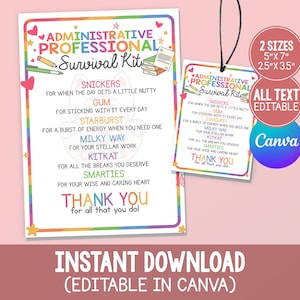 Puede incluir: Un kit de supervivencia profesional administrativo imprimible con un borde colorido. El kit incluye una lista de golosinas como Snickers, Gum, Starburst, Milky Way, Kit Kat y Smarties, con un mensaje de agradecimiento. El diseño es editable en Canva.