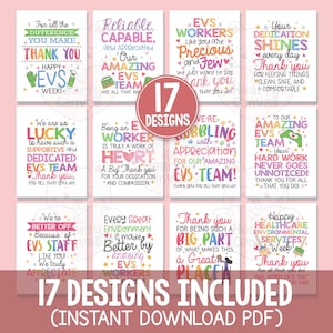 May include: A collection of 17 printable signs featuring colorful typography and graphics dedicated to EVS workers. Each sign includes messages of appreciation, such as Thank You, with illustrations of cleaning supplies and hearts.