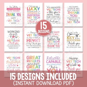May include: A collection of 15 printable cards featuring colorful typography and graphics dedicated to veterinary technicians. Each card displays unique messages of appreciation, including phrases like Thank You, Vet Tech Week, and Key to Success.