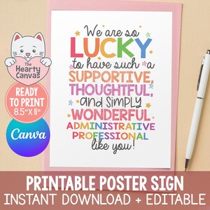 Regalo para profesionales administrativos, cartel imprimible para administradores, decoración para la semana de la administración, día de agradecimiento a los administradores.
