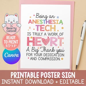 Könnte beinhalten: Ein druckbares Posterschild mit dem Text "Anästhesietechniker zu sein, ist wahrlich eine Herzensangelegenheit". Das Schild befindet sich auf Papier im A4-Format und enthält eine Dankesbotschaft. Ein weißer Stift liegt rechts.