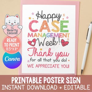 Op de afbeelding: Een printbare poster met de tekst Happy CASE MANAGEMENT Week! Thank you for all that you do! WE APPRECIATE YOU! Het ontwerp bevat kleurrijke letters, kleine sterretjes, twee rode harten en een medisch kruissymbool op een vel van 21,59 cm x 27,94 cm.
