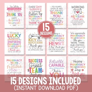 May include: A collection of 15 printable cards featuring colourful typography and messages of appreciation for pharmacy technicians. Each card displays unique phrases like Thank You, Success, and Reliable, with decorative stars and hearts.