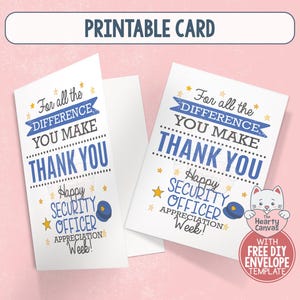 Könnte beinhalten: Eine weiße, gefaltete Grußkarte mit blauem und schwarzem Text, der lautet For all the DIFFERENCE YOU MAKE THANK YOU Happy SECURITY OFFICER APPRECIATION Week! Das Design enthält gelbe Sterne und eine Abbildung einer blauen Sicherheitsmütze.