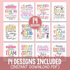 May include: A collection of 14 employee appreciation cards with colorful text designs. Each card features a unique message of gratitude, such as "Thank You" and "Happy Employee Appreciation Day." The cards are available as an instant download PDF.