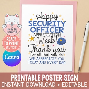 Könnte beinhalten: Ein druckbares Plakat mit dem Text Happy SECURITY OFFICER APPRECIATION Week! Thank you for all that you do! WE APPRECIATE YOU TODAY AND EVERY DAY! Das Design enthält gelbe Sterne, eine blaue Mütze und einen weißen Stift auf einem rosa Rand.