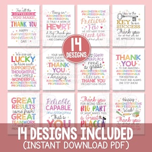 Könnte beinhalten: Eine Sammlung von 14 druckbaren Karten zum Tag der Verwaltungsangestellten mit farbenfrohen Designs. Jede Karte enthält eine einzigartige Dankesbotschaft, wie z. B. „Danke“ und „Sie sind der Schlüssel zu unserem Erfolg“. Die Karten sind als sofortiger PDF-Download erhältlich.