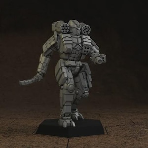 May include: A gray, detailed model of a bipedal robot with a futuristic design. The robot has a segmented body, two missile launchers on its back, and is standing on a black base. The robot's arms are posed in a dynamic stance.