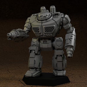 May include: A gray, mechanical robot figure with a detailed design. The robot has a large head, two cylindrical structures on its back, and two arms with weapon-like attachments. It stands on a black hexagonal base.
