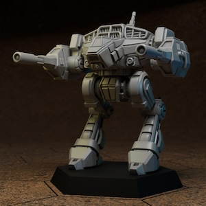 May include: A gray, detailed model of a bipedal mech robot with large cannons on each arm. The robot stands on a black hexagonal base. The design features intricate paneling and vents, suggesting a futuristic or science fiction theme.