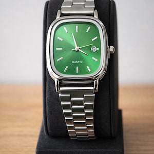 Minimalist Vintage Watch with Date and Steel Strap, 80s Style Retro Unisex Watch, Gift for Him and Her, Slim Tank Watch