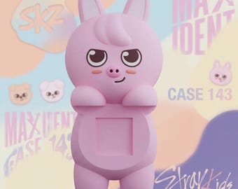 May include: A light pink rabbit-shaped figurine with large eyes, a small nose, and a square cutout on its torso. The background features pastel shapes and text including SKZ, MAXIDENT, CASE 143, and Stray Kids in various fonts and colors.