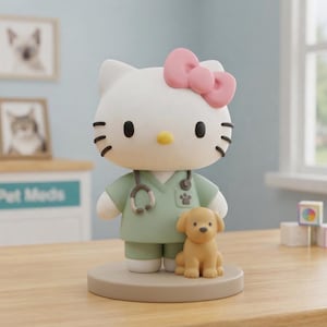 Hello Kitty inspired Veterinarian Figurine – Kawaii Vet Student Gift, Pastel Office Decor