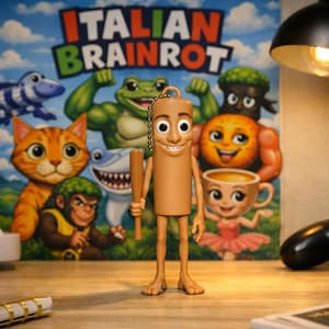 Peut inclure: Une figurine anthropomorphe cylindrique de couleur brun clair avec un visage souriant, de grands yeux et des membres fins, tenant une petite massue assortie dans une main. Une chaînette à billes en métal est fixée au sommet de la tête.