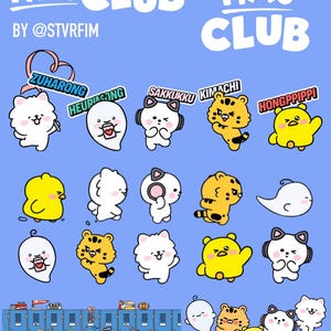 May include: A collection of cartoon character stickers titled FIM'S CLUB BY @STVRFIM on a light blue background. Characters include white fluffy creatures, yellow tigers, and ghosts with names like ZUHARONG, HEURIASONG, SAKKUKKU, KIMACHI, and HONGPPIPPI.