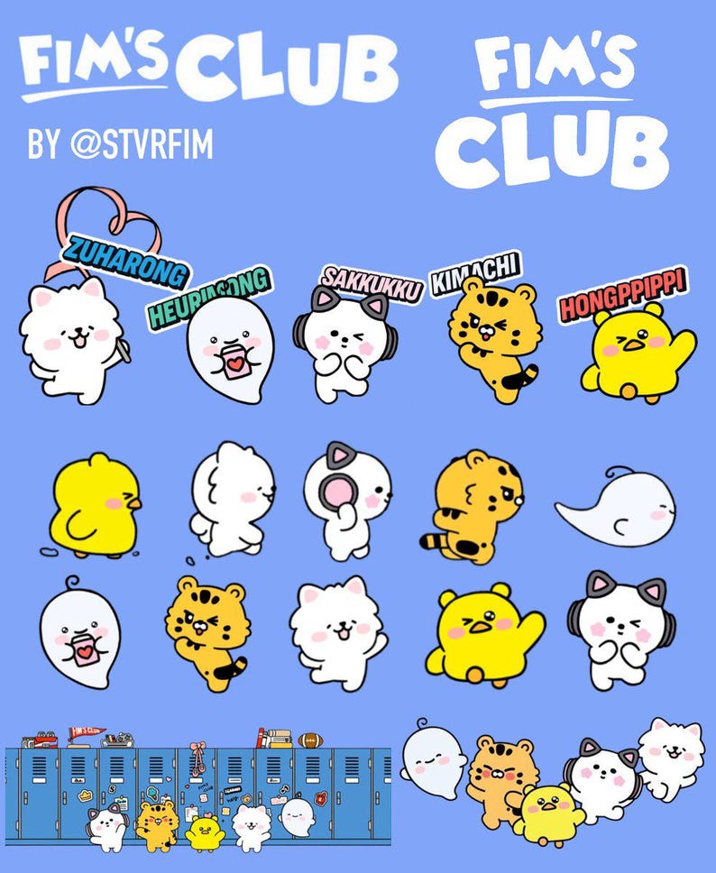 May include: A collection of cartoon character stickers titled FIM'S CLUB BY @STVRFIM on a light blue background. Characters include white fluffy creatures, yellow tigers, and ghosts with names like ZUHARONG, HEURIASONG, SAKKUKKU, KIMACHI, and HONGPPIPPI.