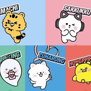 May include: A set of five cartoon character stickers featuring Kimachi the yellow tiger, Sakkukku the white cat with headphones, Heurinong the white ghost, Zuharong the white fluffy creature, and Hongppippi the yellow bird, each with their name.