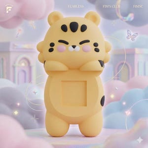 May include: A yellow tiger-shaped phone stand with black markings on the ears, forehead, and sides. The character has pink cheeks, a small nose, and a square cutout in the center of its torso. The text FEARLESS, FIM'S CLUB, and FIMSC appear above.