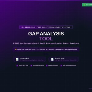 Op de afbeelding: Een donkerpaarse afbeelding met de tekst "GAP ANALYSIS TOOL" en "FSMS Implementation & Audit Preparation for Fresh Produce." Bevat pictogrammen voor "Excel Gap Tool" en "Auditor's Guide". De bovenste banner luidt "ISO 22000:2018 - FOOD SAFETY MANAGEMENT SYSTEMS."