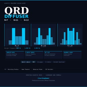 May include: Acoustic treatment design guide with the title "ORD DIFFUSER" in white letters. The guide includes diagrams for N=7, N=11, and N=13 wells, with design frequencies. Additional sections include complete math, depth tables, cut list, and assembly guide.