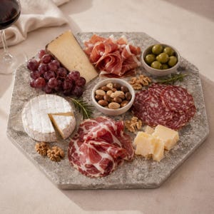Pode incluir: Uma tábua de servir octogonal cinza com produtos gourmet. Inclui queijo, uvas, azeitonas, nozes, salame e presunto. Um copo de vinho tinto é visível ao fundo. Perfeito para uma tábua de petiscos.