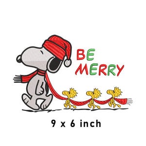 May include: An embroidered design featuring Snoopy wearing a red Santa hat and scarf, leading three Woodstock characters, also wearing red scarves. The text "BE MERRY" is in green and red. The design measures 9 x 6 inches.