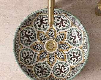 Round Ceramic Vessel Basin , Bathroom Sink vanity with Sun pattern